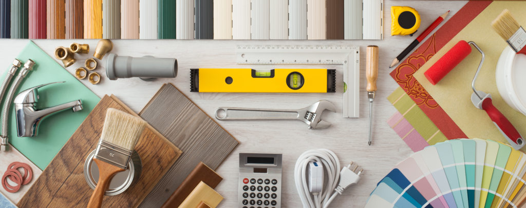 home renovation tools sprawled out on table