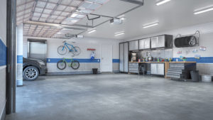Garage with rolling gate interior. Remodeled interior with cabinets, bike racks, tire racks, and other organizational equipment 